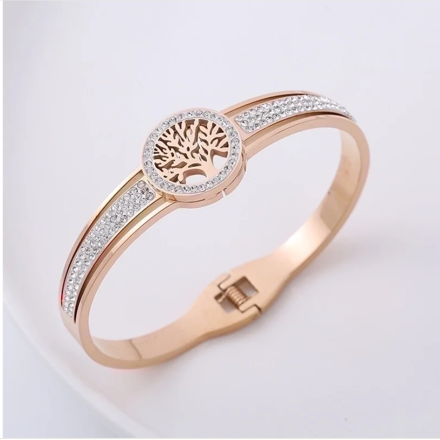Tree of Life Rhinestones Bangle - Rose Gold